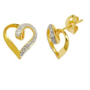 18k Gold Over Bronze and Silver-Plated Diamond Accent Heart Stud post Earrings
